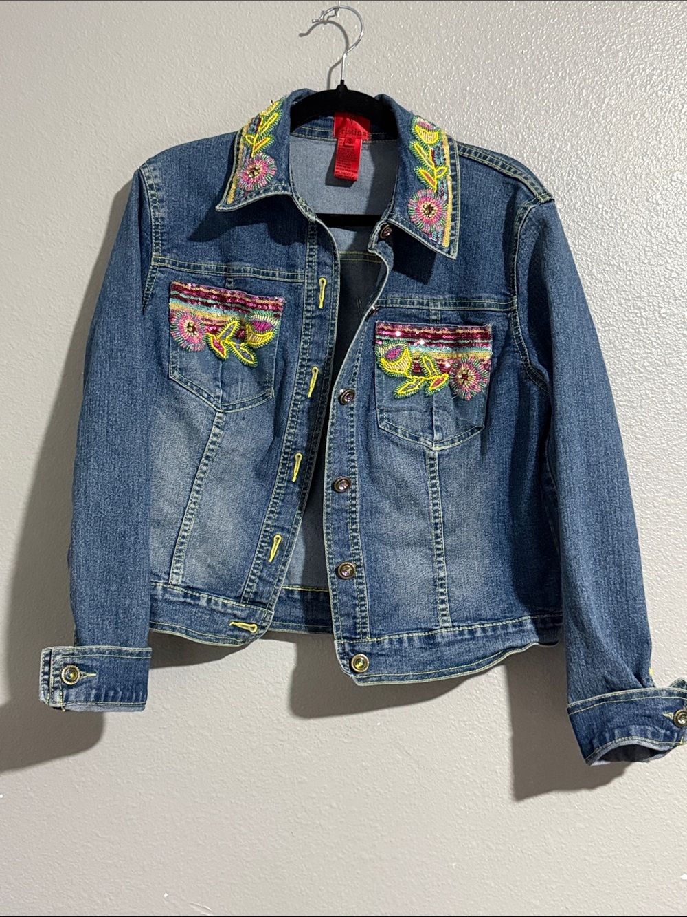 V Christina Denim Jacket with Pink & Yellow Floral Beaded Embroidery